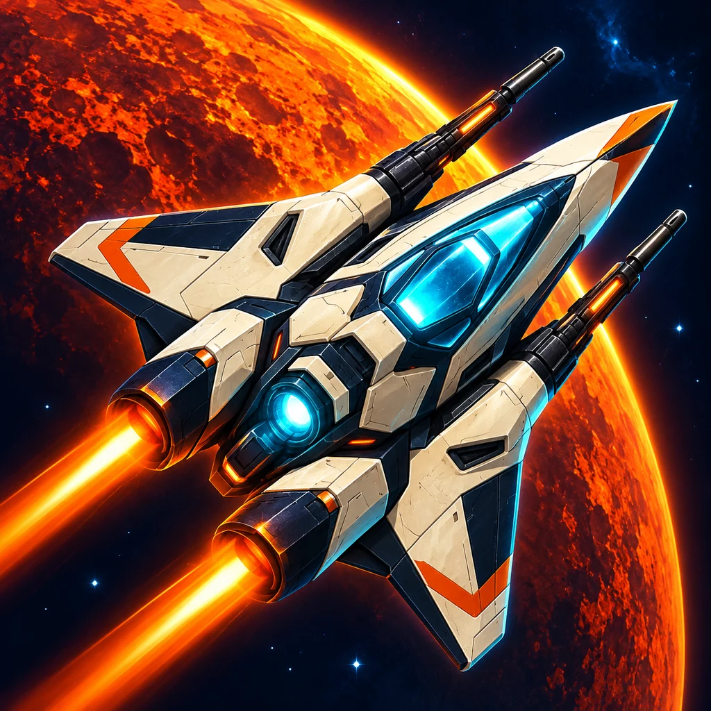 Galaxy Raze artwork: an ivory starfighter crossing a blazing orange planetary arc